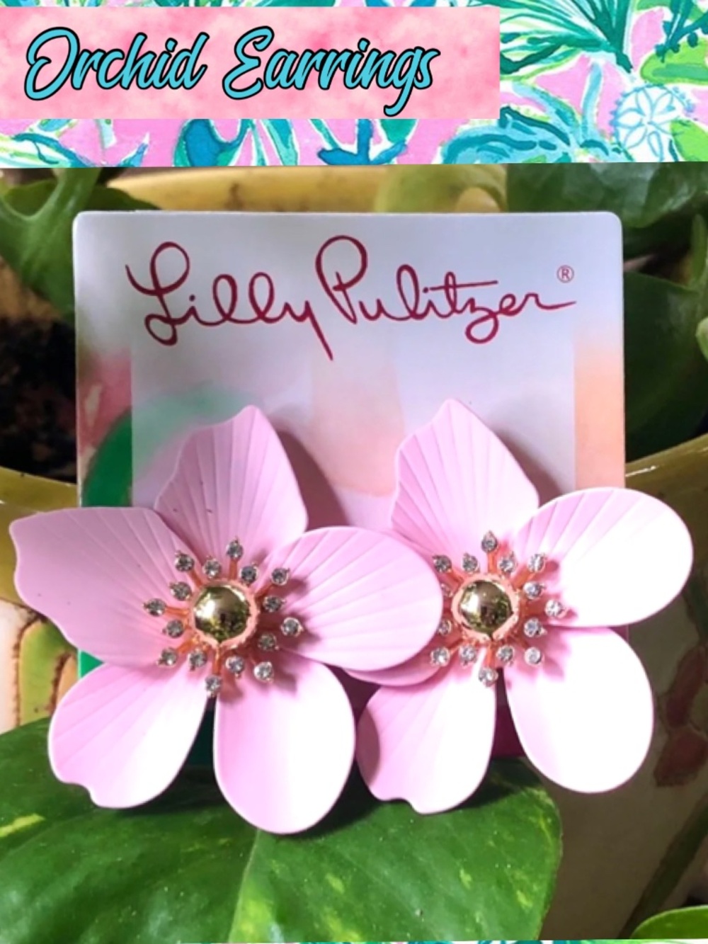 LILLY PULITZER EARRINGS🩷NWT Exquisite Flower Orchid  PINK/GOLD ⭐️ PIERCED POST